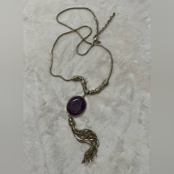 Chico's Jewelry - Purple geode gold statement beaded necklace chicos long acrylic pendant